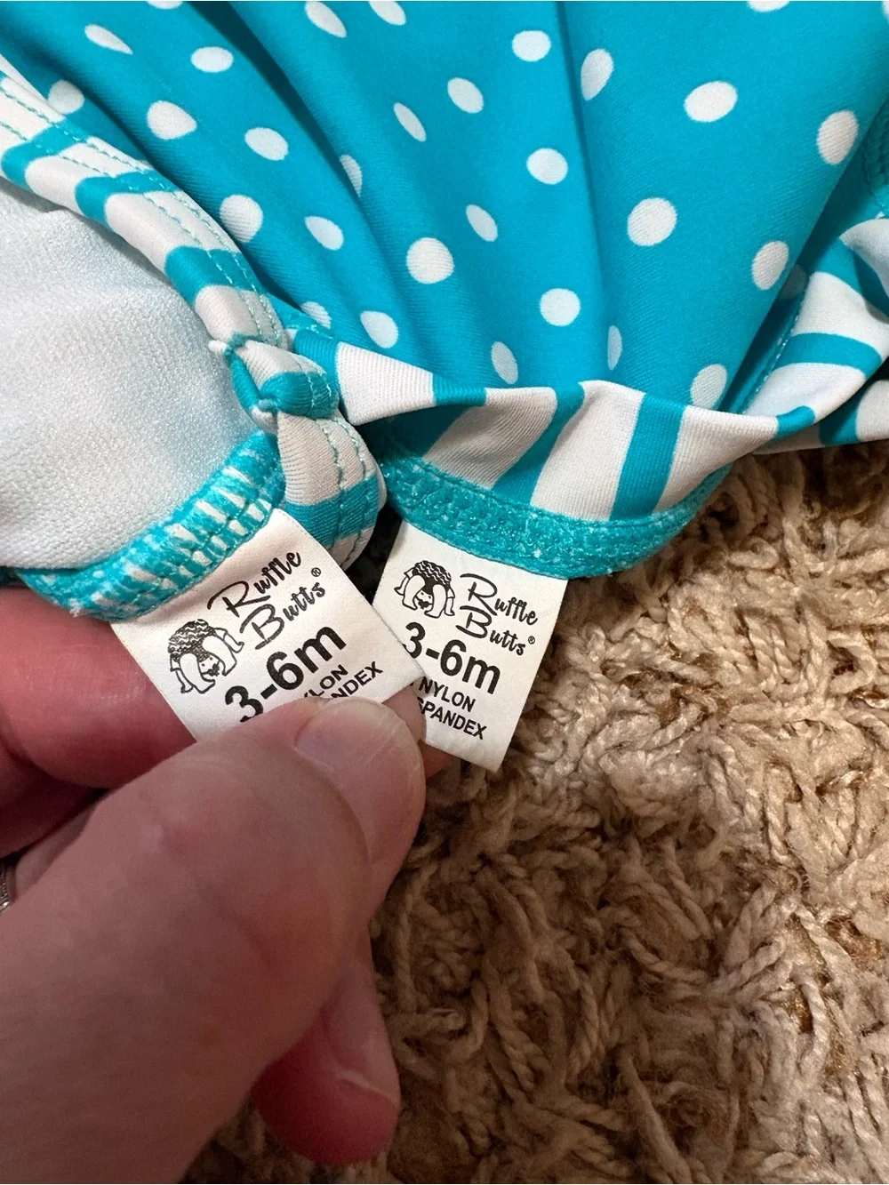 Ruffle Butts baby girl Teal Polka Dot & Stripe Swim Set size 3-6 months